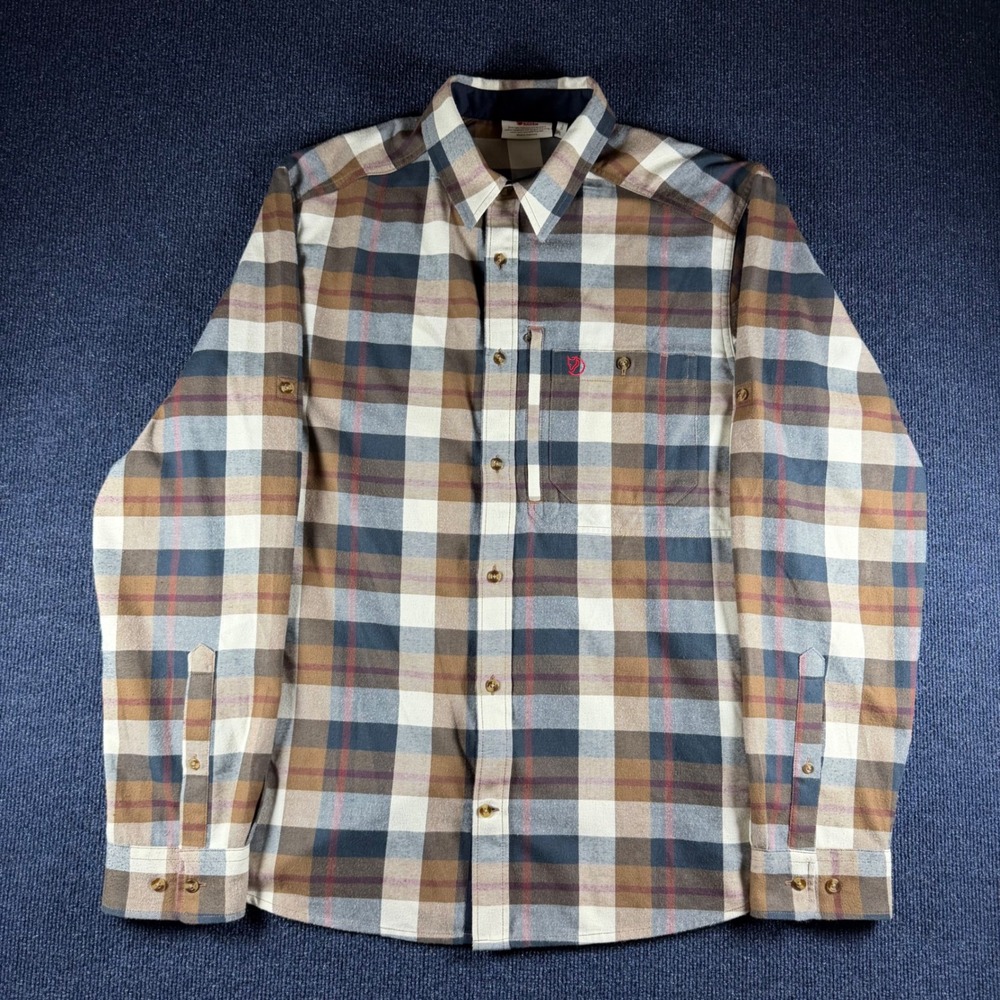 Fjallraven Singi Heavy Flannel Shirt Mens L 23.5x31 Brown Plaid Trekking